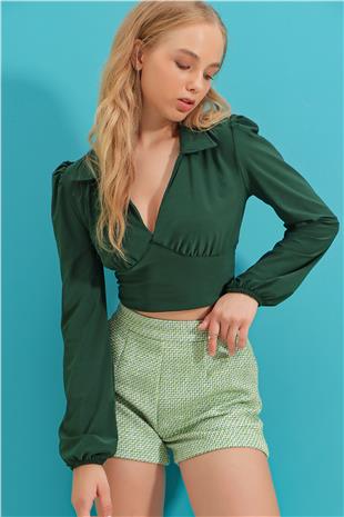 Gömlek Yaka Korseli Crop Sandy Bluz - Yeşil