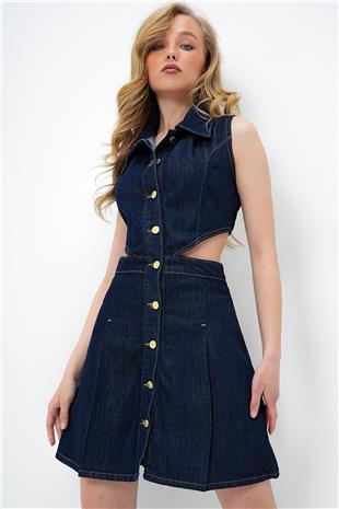 Kadın Lacivert Gömlek Yaka Sıfır Kol Cut-Out Jean Elbise ALC-X14073