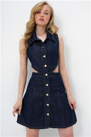 Kadın Lacivert Gömlek Yaka Sıfır Kol Cut-Out Jean Elbise ALC-X14073