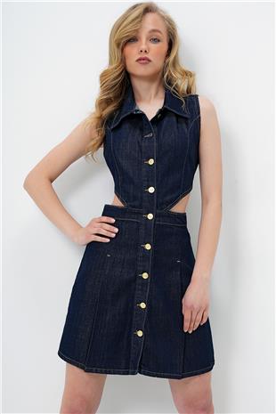 Kadın Lacivert Gömlek Yaka Sıfır Kol Cut-Out Jean Elbise ALC-X14073