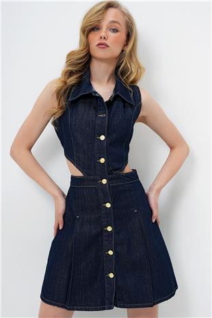 Kadın Lacivert Gömlek Yaka Sıfır Kol Cut-Out Jean Elbise ALC-X14073