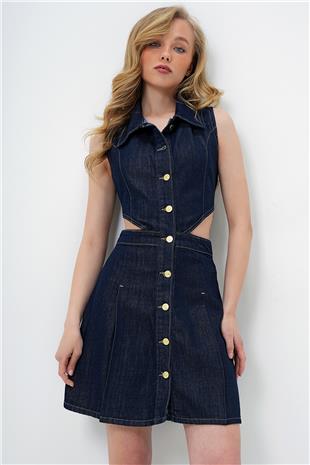 Kadın Lacivert Gömlek Yaka Sıfır Kol Cut-Out Jean Elbise ALC-X14073