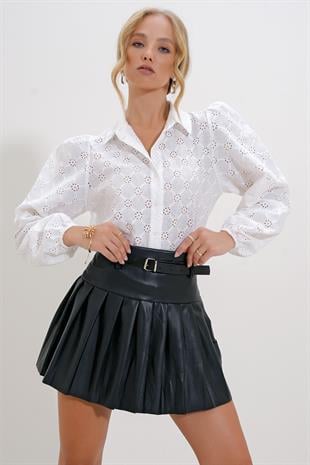 Kadın Beyaz Güpür Dokuma Premıum Gömlek ALC-X4366