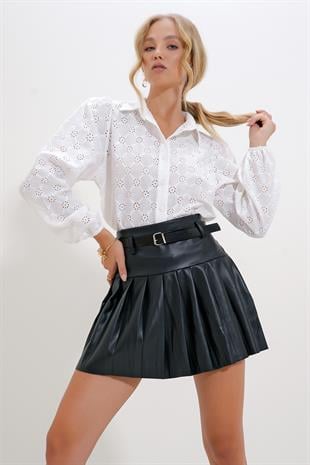 Kadın Beyaz Güpür Dokuma Premıum Gömlek ALC-X4366