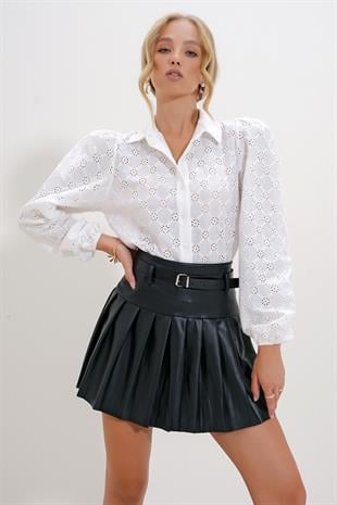 Kadın Beyaz Güpür Dokuma Premıum Gömlek ALC-X4366