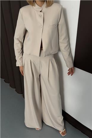 Kadın Krem Hakim Yaka Blazer Ceket Ve Pileli Palazzo Pantolon Takım VS01382