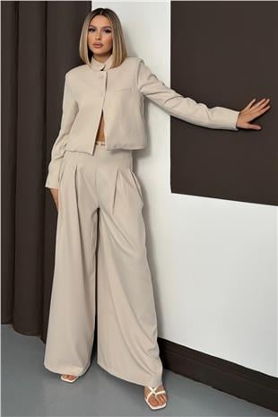 Kadın Krem Hakim Yaka Blazer Ceket Ve Pileli Palazzo Pantolon Takım VS01382