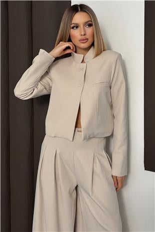 Kadın Krem Hakim Yaka Blazer Ceket Ve Pileli Palazzo Pantolon Takım VS01382