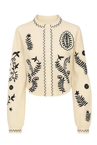 Kadın Bej Hakim Yaka Çiçek Desenli Nakış İşlemeli Keten Ceket ALC-X8989