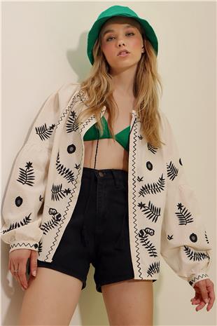 Kadın Bej Hakim Yaka Çiçek Desenli Nakış İşlemeli Keten Ceket ALC-X8989