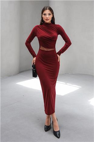 Kadın Bordo Hakim Yaka Drape Detaylı Transparan Elbise VS00802