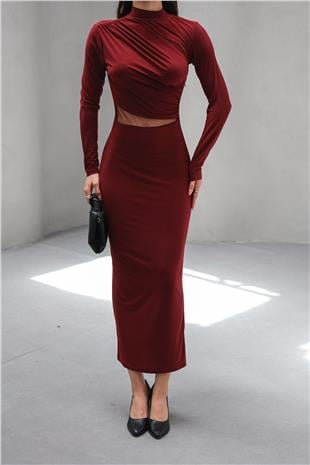 Kadın Bordo Hakim Yaka Drape Detaylı Transparan Elbise VS00802