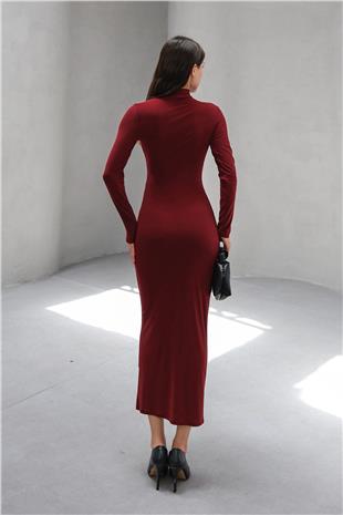 Kadın Bordo Hakim Yaka Drape Detaylı Transparan Elbise VS00802