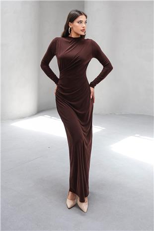 Kadın Acı Kahve Hakim Yaka Drape Detaylı Uzun Elbise VS00803