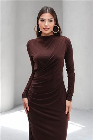 Kadın Acı Kahve Hakim Yaka Drape Detaylı Uzun Elbise VS00803