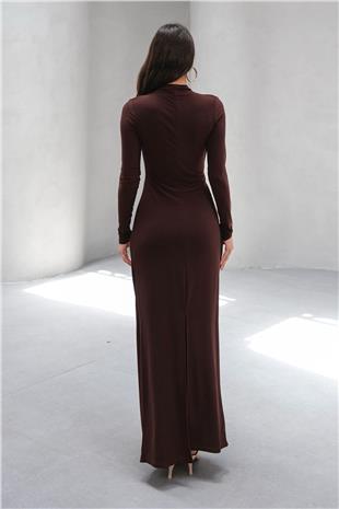 Kadın Acı Kahve Hakim Yaka Drape Detaylı Uzun Elbise VS00803