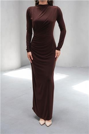 Kadın Acı Kahve Hakim Yaka Drape Detaylı Uzun Elbise VS00803