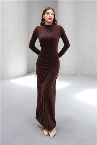 Kadın Acı Kahve Hakim Yaka Drape Detaylı Uzun Elbise VS00803
