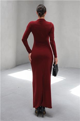 Kadın Bordo Hakim Yaka Drape Detaylı Uzun Elbise VS00803
