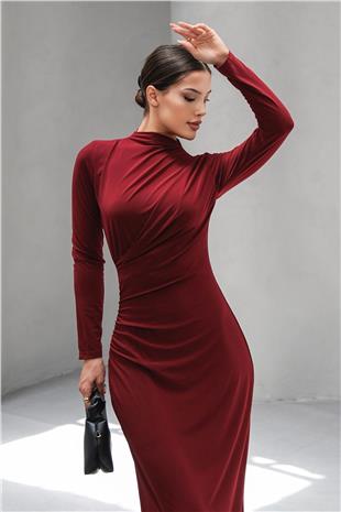 Kadın Bordo Hakim Yaka Drape Detaylı Uzun Elbise VS00803