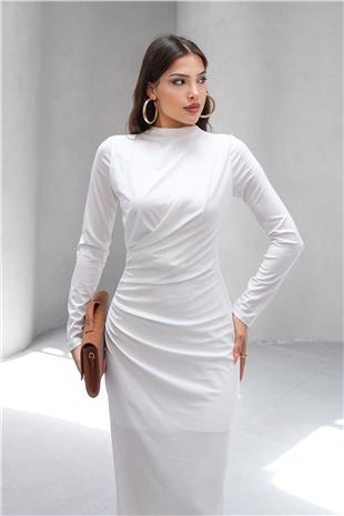 Kadın Beyaz Hakim Yaka Drape Detaylı Uzun Elbise VS00803