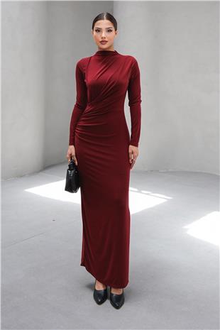 Kadın Bordo Hakim Yaka Drape Detaylı Uzun Elbise VS00803
