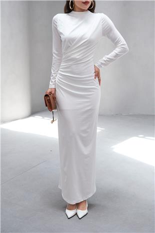 Kadın Beyaz Hakim Yaka Drape Detaylı Uzun Elbise VS00803