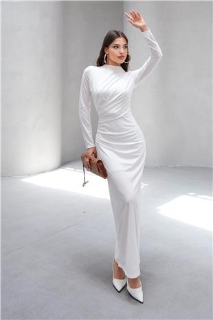 Kadın Beyaz Hakim Yaka Drape Detaylı Uzun Elbise VS00803