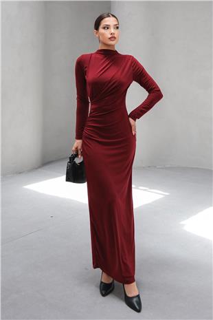Kadın Bordo Hakim Yaka Drape Detaylı Uzun Elbise VS00803