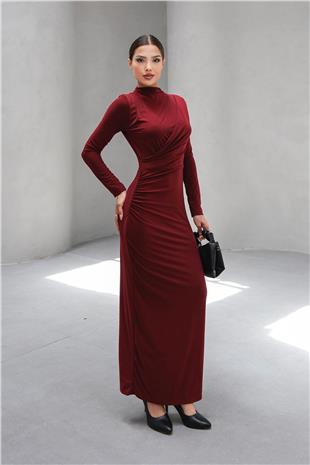 Kadın Bordo Hakim Yaka Drape Detaylı Uzun Elbise VS00803