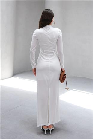 Kadın Beyaz Hakim Yaka Drape Detaylı Uzun Elbise VS00803