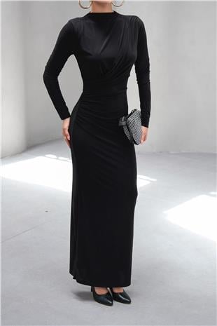 Kadın Siyah Hakim Yaka Drape Detaylı Uzun Elbise VS00803