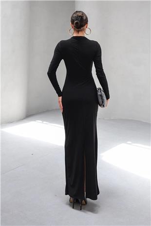 Kadın Siyah Hakim Yaka Drape Detaylı Uzun Elbise VS00803