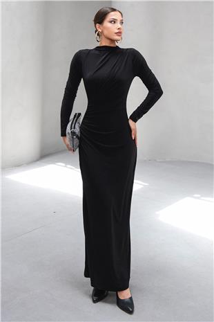 Kadın Siyah Hakim Yaka Drape Detaylı Uzun Elbise VS00803
