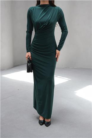 Kadın Zümrüt Yeşili Hakim Yaka Drape Detaylı Uzun Elbise VS00803