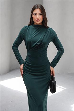 Kadın Zümrüt Yeşili Hakim Yaka Drape Detaylı Uzun Elbise VS00803