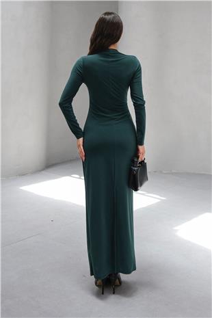 Kadın Zümrüt Yeşili Hakim Yaka Drape Detaylı Uzun Elbise VS00803