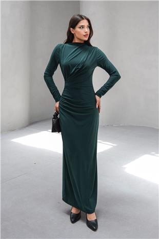 Kadın Zümrüt Yeşili Hakim Yaka Drape Detaylı Uzun Elbise VS00803