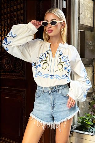 Kadın Beyaz Hakim Yaka Etnik Nakışlı Dokuma Bluz ALC-X12634