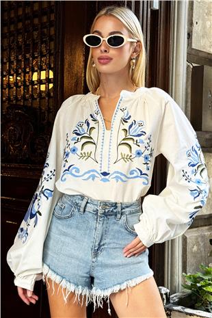 Kadın Beyaz Hakim Yaka Etnik Nakışlı Dokuma Bluz ALC-X12634