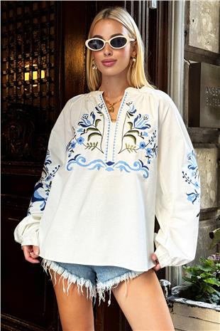 Kadın Beyaz Hakim Yaka Etnik Nakışlı Dokuma Bluz ALC-X12634