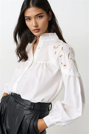 Kadın Beyaz Hakim Yaka Güpür Detaylı Premıum Gömlek ALC-X5121