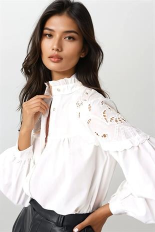 Kadın Beyaz Hakim Yaka Güpür Detaylı Premıum Gömlek ALC-X5121