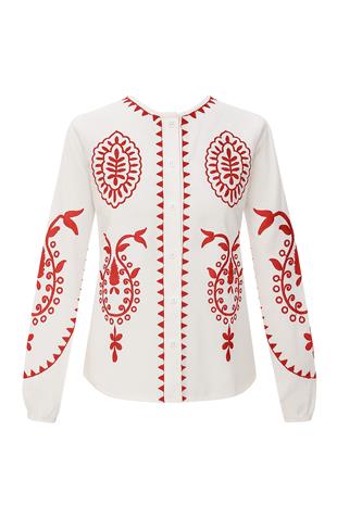 Kadın Ekru Hakim Yaka Kabartmalı Nakış İşlemeli Premium Keten Gömlek ALC-X8821