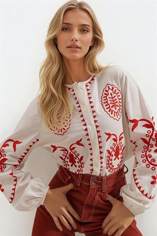 Kadın Ekru Hakim Yaka Kabartmalı Nakış İşlemeli Premium Keten Gömlek ALC-X8821