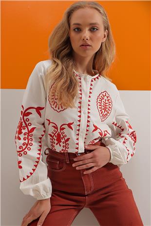 Kadın Ekru Hakim Yaka Kabartmalı Nakış İşlemeli Premium Keten Gömlek ALC-X8821