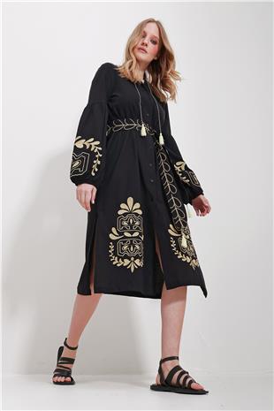 Kadın Siyah Hakim Yaka Kemerli Çift Yırtmaçlı Keten Elbise ALC-X11570