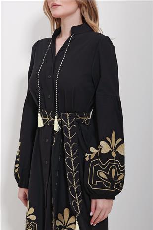 Kadın Siyah Hakim Yaka Kemerli Çift Yırtmaçlı Keten Elbise ALC-X11570