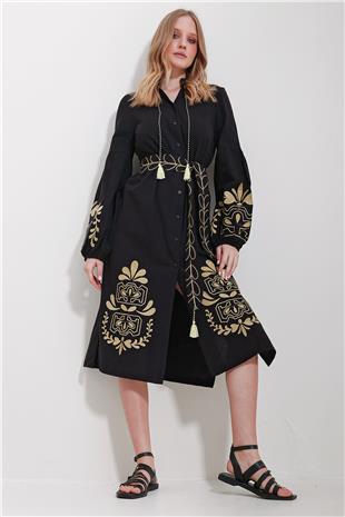 Kadın Siyah Hakim Yaka Kemerli Çift Yırtmaçlı Keten Elbise ALC-X11570