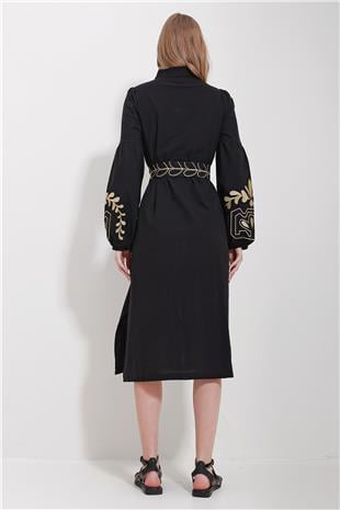 Kadın Siyah Hakim Yaka Kemerli Çift Yırtmaçlı Keten Elbise ALC-X11570